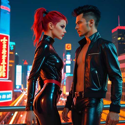 A man and woman standing on a balcony at night with neon lights illuminating the city below them. The woman is wearing a black leather outfit that contrasts with her red hair, while the man is dressed in a black leather jacket and pants.