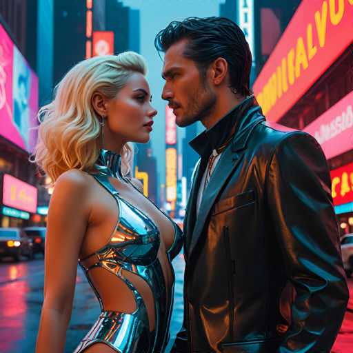 A man and woman standing on a city street at night with neon signs in the background. The man is wearing a black leather jacket and the woman has blonde hair styled in loose waves.