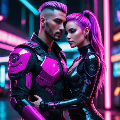 A man with pink hair and a black leather suit stands next to a woman with purple hair wearing a black leather outfit. The background is a cityscape at night, illuminated by neon lights.