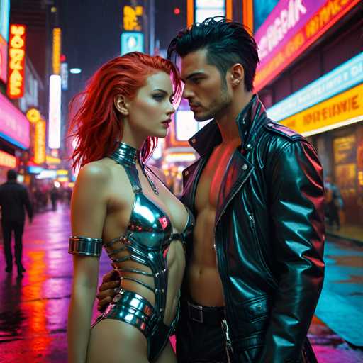 A couple is standing on a city street at night, with the man wearing a black leather jacket and the woman dressed in a silver bodysuit. The background features neon signs and buildings illuminated by bright lights, creating an urban atmosphere.