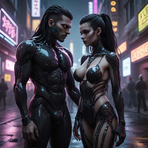 The image depicts two individuals standing on a city street at night. The person on the left is wearing a black suit with red accents and has long hair styled in dreadlocks. They are looking directly at the camera. On the right side of the frame, there's another individual dressed in a black bodysuit that features blue accents and also looks towards the camera. The background shows neon signs and buildings lining the street, creating an urban atmosphere.
