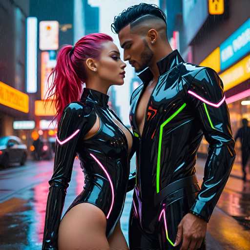 A couple dressed in black leather outfits with neon green accents stands on a wet city street at night, their faces lit up by the glow of neon lights and the soft patter of raindrops.