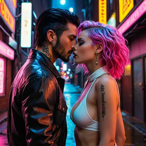 A couple is kissing passionately on a city street at night. The man has dark hair and tattoos on his face, while the woman has pink hair and a white top with black text.