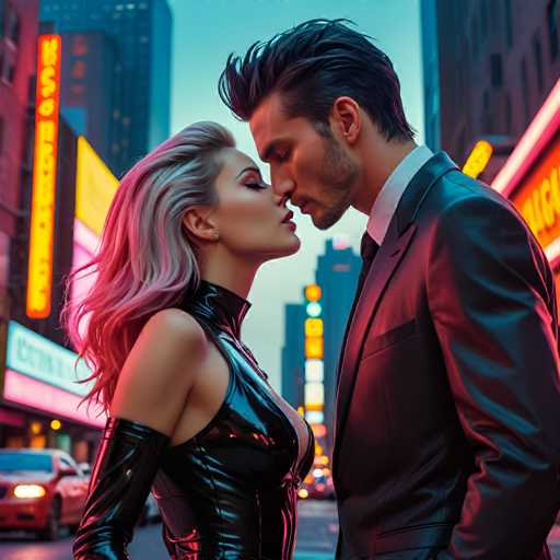 A man and woman standing on a city street at night, with the man wearing a black suit jacket and tie and the woman dressed in a black leather outfit.