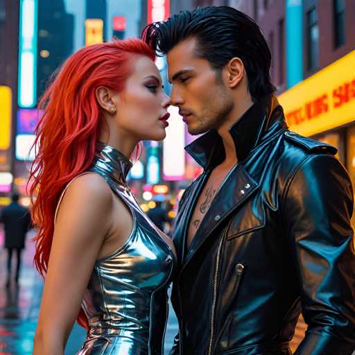 A couple is standing on a city street at night, with the man wearing a black leather jacket and the woman wearing a silver sequined dress. The woman has red hair that contrasts with her outfit, while the man's dark hair complements his attire. They are both looking directly into each other's eyes, creating an intimate atmosphere in the urban setting.
