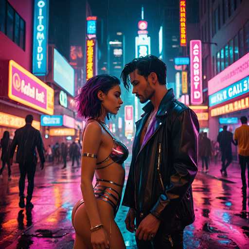 The image depicts a couple standing on a city street at night, with the man wearing a leather jacket and the woman dressed in a bikini top and shorts. The background is filled with neon signs and buildings, creating an urban atmosphere.
