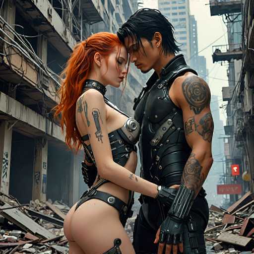 A couple dressed in black leather outfits stands in a dilapidated urban setting with graffiti-covered buildings and debris scattered around them. The woman has red hair styled in loose curls, while the man sports tattoos on his arms.