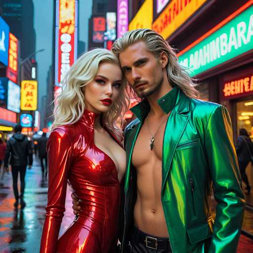 A man and woman standing on a city street at night with neon signs in the background. The woman is wearing a red dress and has blonde hair styled in loose waves. The man is dressed in a green jacket and has short brown hair.