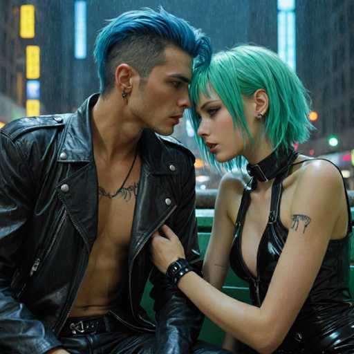 A man with blue hair and a black leather jacket is sitting next to a woman wearing a green dress and silver earrings on a bench in the rain.