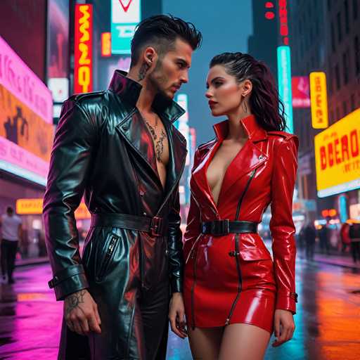 The image depicts a man and woman standing on a city street at night. The man is wearing a black leather jacket with silver accents and has tattoos on his arms. He is looking down at the woman who is dressed in a red dress that contrasts with her dark hair. They are positioned near a neon sign for "Bebop" and another neon sign for "Dooge's".