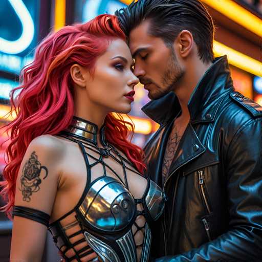 A couple is standing close together against a backdrop of neon lights and a building with a sign that reads "Café". The woman has red hair styled in loose curls and is wearing a black leather outfit with silver accents. The man has short brown hair and is dressed in a black leather jacket.