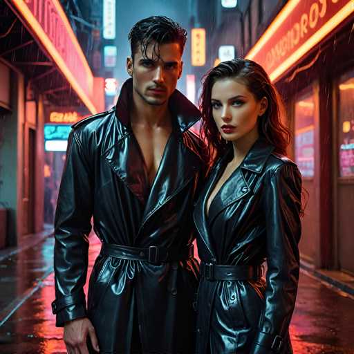 A man and woman standing on a wet street at night with neon signs in the background. The man is wearing a black leather jacket and the woman has long brown hair and is wearing a black dress.