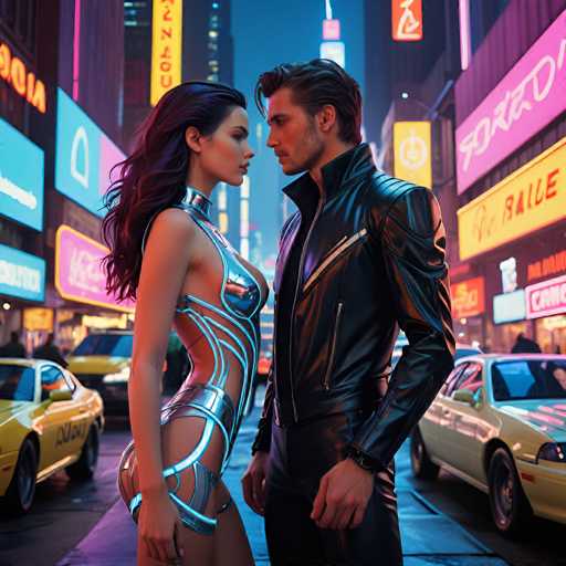 The image depicts a man and woman standing on a city street at night. The man is wearing a black leather jacket and the woman is dressed in a silver bodysuit with blue accents. They are positioned in front of a yellow taxi cab that has its headlights on, illuminating their surroundings. In the background, there are neon signs for "Fortune 500" and "Preston Square", indicating the location as New York City.