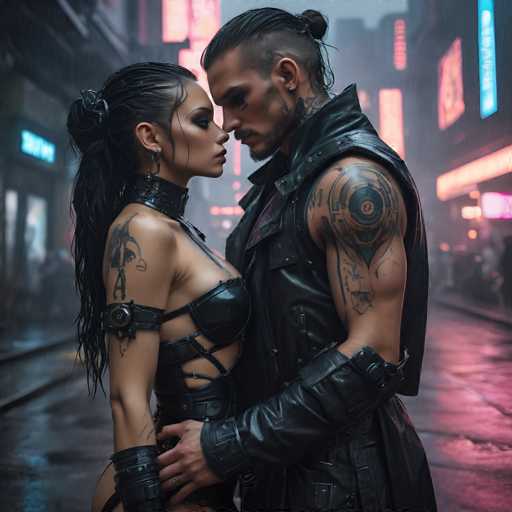 A couple embracing on a city street at night with neon signs and buildings in the background. The man is wearing a leather jacket and tattoos on his arms, while the woman has long hair and is dressed in black.