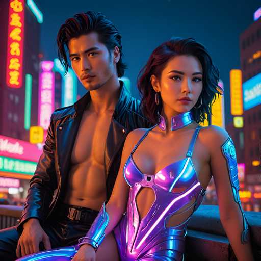 A man and woman pose for a photo on a city street at night. The man is wearing a black leather jacket and the woman is wearing a silver jumpsuit with a cutout design. They are standing in front of a building that has neon signs lit up against the dark sky, creating a vibrant contrast to their attire.