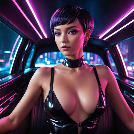A woman with short black hair and a tight black dress is seated inside a car, her face partially obscured by the vehicle's interior. The car has neon pink and purple lights that cast an ethereal glow on the scene.
