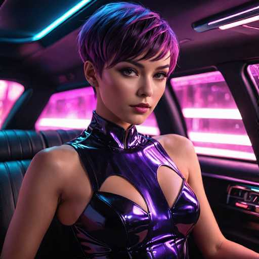 A young woman with short purple hair is seated inside a car, wearing a black leather outfit that includes a corset and a top hat. The interior of the car has neon pink and blue lights, creating an otherworldly atmosphere.