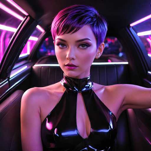 A young woman with short purple hair is seated inside a car, wearing a black leather outfit that includes a halter top and high heels. The interior of the car has neon pink and blue lights, creating an otherworldly atmosphere.