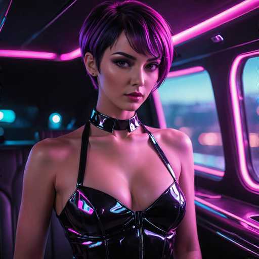 A woman with short hair and a tight black bra top is seated inside a car, looking directly at the camera. The interior of the car has pink neon lights that cast an ethereal glow on her face as she gazes out the window.