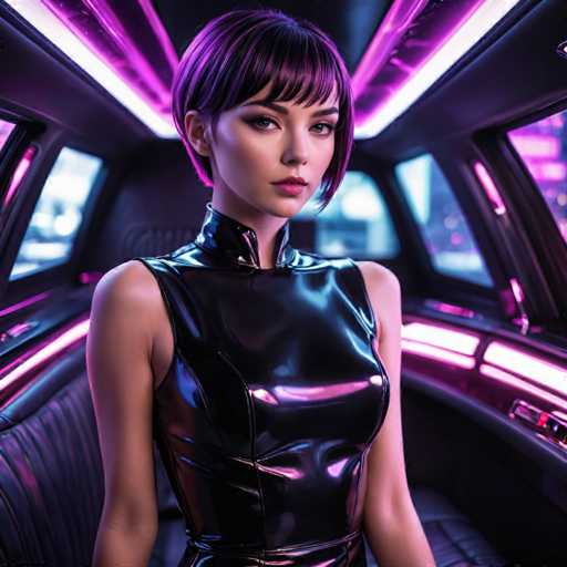 A woman with short purple hair is seated inside a car, wearing a black leather outfit that includes a tank top and high heels. The interior of the car has pink neon lights lining the ceiling, creating an ethereal glow around her.