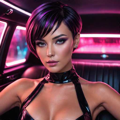 The image shows a woman with short hair wearing a black halter top and a black dress. She is seated inside a car, which has neon pink lights on the interior. The woman's face is turned towards the camera, giving her a direct gaze.