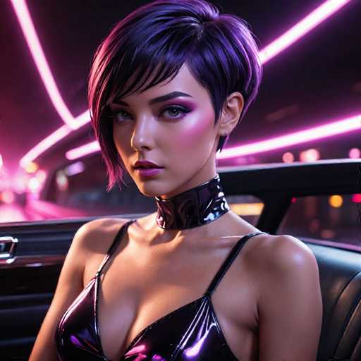 The image shows a woman with short hair and a tight black bra strap sitting inside a car at night. The background is dark and illuminated by neon lights, creating an urban atmosphere.