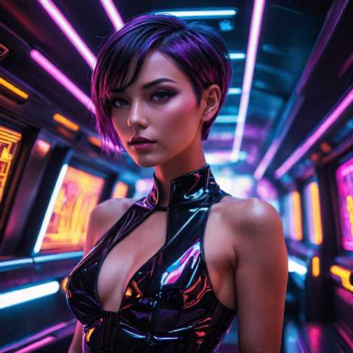 A young woman with short hair and a black halter top stands in front of a neon tunnel, her gaze directed straight at the camera. The tunnel is illuminated by a vibrant array of colors, creating an ethereal glow that contrasts with the dark surroundings.