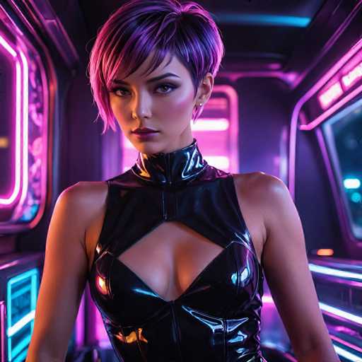 A woman with short purple hair is standing in a futuristic room filled with neon lights and glowing windows. She is wearing a black leather outfit that includes a corset and a top hat. The background features a large window with glowing blue lights on the right side of the image.