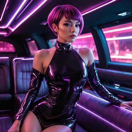 A woman with short hair and a purple outfit is seated inside a car, wearing a black dress that appears shiny and sleek. The interior of the car has pink neon lights lining the ceiling, creating an ethereal glow in the vehicle.
