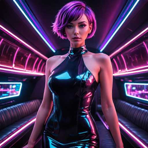 A woman with purple hair is standing in a futuristic room filled with neon lights and black seats arranged in rows facing the camera. She is wearing a black dress that contrasts with the vibrant colors of the room.