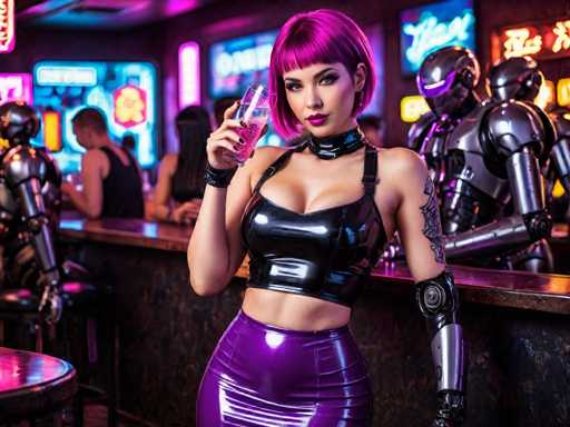 A woman with pink hair and a black top is standing at a bar, holding a drink in her right hand while wearing a purple skirt. Behind her, there are two robots - one on the left side of the image and another on the right side. The background features neon signs and other patrons enjoying their time at the bar.