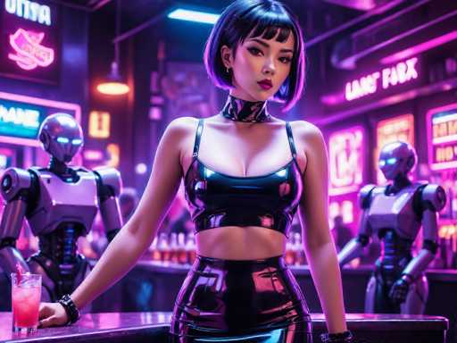 The image depicts a woman wearing a black leather outfit with a high neckline and a halter neckline, standing at the bar of a bar. Behind her is another woman dressed in a similar outfit, and two robots are present on either side of the woman. The background features neon signs for "LAST FAB" and "UTTA", suggesting that this scene takes place in a futuristic or alternative setting.