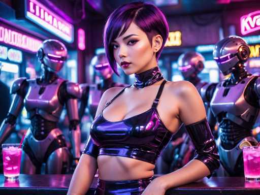 The image depicts a woman wearing a black and purple outfit with a high neckline and shoulder straps, standing at the bar of a bar that is illuminated by neon lights. Behind her, there are three robots in metallic silver colors - one on each side of her. The background features a neon sign for "KVX" and another neon sign for "KVX".