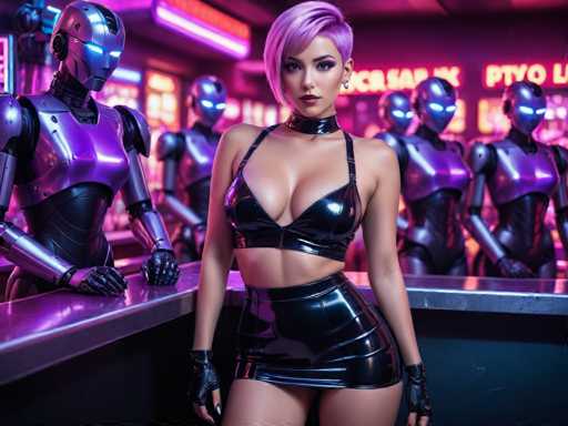 The image shows a woman with short hair and a black outfit standing next to a bar counter. Behind her is a group of robots in purple and blue colors. The background includes neon signs for "PYTHON" and "CRASSAX".