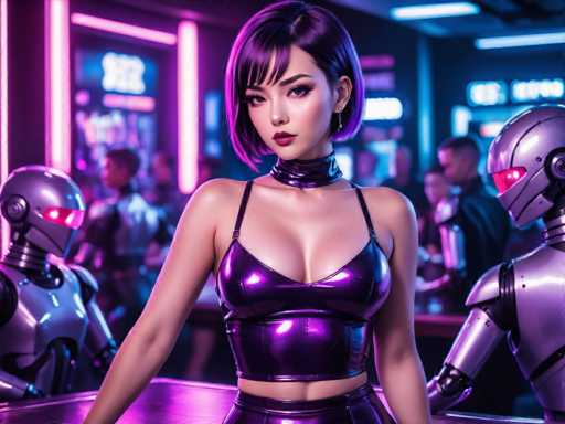 The image depicts a woman with purple hair and a tight-fitting outfit standing in front of a bar counter. Behind her is another person wearing a silver robot suit, and further back there's a third individual dressed in a green robot suit. The background features neon lights that create an urban atmosphere.