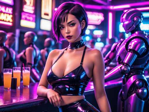 The image depicts a woman wearing a black leather outfit with a halter neckline and thigh-high boots, standing at the bar of a bar. Behind her is another person dressed in a purple suit, also standing behind the bar. The background features neon lights and other patrons enjoying their time at the bar.