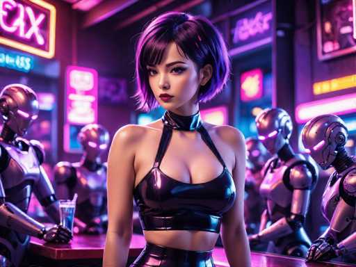 The image depicts a woman with short hair and a purple top standing in front of a bar counter filled with various drinks and neon signs. The background is dark and features multiple robots, creating an atmosphere reminiscent of a futuristic nightclub or bar scene.
