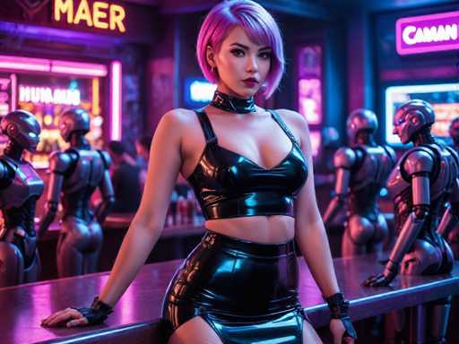 The image shows a woman with short hair and a tight black dress standing on the left side of a bar counter. She is wearing a necklace around her neck and has a serious expression on her face. The background features neon lights and various robot figures in metallic colors, creating an urban and futuristic atmosphere.