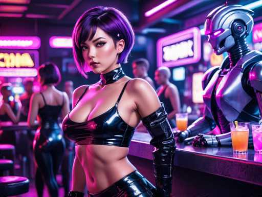 The image depicts a woman wearing a black leather outfit with a tight corset and high heels standing on the left side of the frame. On the right side, there is another person dressed in a futuristic suit, likely a robot or cyborg, holding a drink. The background features neon signs and other people, suggesting an urban setting like a bar or nightclub.