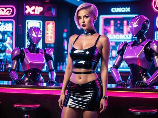 A woman is standing in front of a bar with three robots behind her and another robot on the right side of the image. The woman is wearing a black dress and has blonde hair.