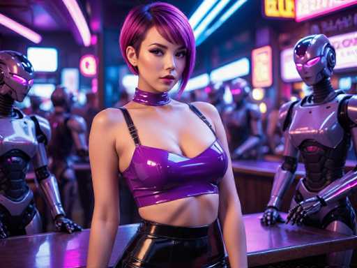 The image shows a woman with short purple hair and a tight black outfit standing on the left side of the frame. Behind her is another woman wearing a purple outfit that matches the first woman's attire. The background features neon lights and other robots in various colors, creating an urban setting.