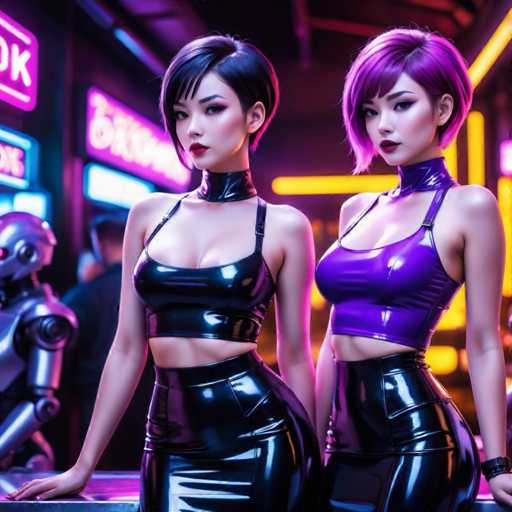The image shows two women standing side by side on a street at night. The woman on the left is wearing a black leather outfit and has short hair styled in a bob cut. She is looking directly at the camera with an expression of determination. The other woman is dressed in a purple leather outfit, also with short hair, but her gaze is directed away from the camera. They are positioned next to each other on a sidewalk, with buildings visible in the background and neon signs illuminating the area.