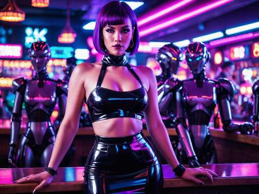 A woman is standing on a bar with her arms crossed and legs apart, wearing a black outfit that includes a halter top and a skirt made of shiny material. Behind the woman, there are three robots in metallic colors - purple, blue, and silver. The background features neon lights and a sign for a casino or entertainment venue.