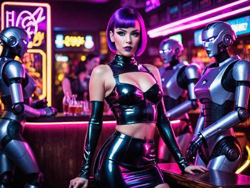 The image depicts a woman wearing a black leather outfit with a plunging neckline and thigh-high boots, standing confidently on a bar counter surrounded by four robots of varying sizes and colors - two silver robots, one blue robot, and one purple robot. The background features neon lights and a sign that reads "HOT".