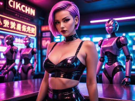 The image shows a woman with short purple hair wearing a black outfit and posing for the camera. Behind her is another woman dressed in a silver robot costume. The background features neon signs and a bar counter, creating an urban setting.
