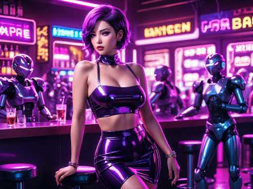 The image depicts a woman with purple hair and a short skirt standing on the left side of a bar counter. She is wearing a black top and has her hands resting on the counter. The bar counter features two stools, one occupied by another person who appears to be a robot. The background includes neon signs for "AMERICAN" and "POWER BAR", as well as other neon signs that contribute to the futuristic atmosphere of the scene.