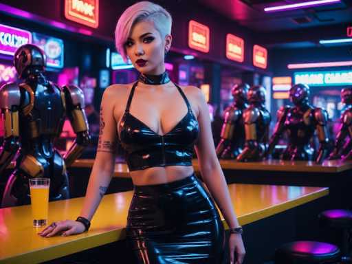 A woman with short blonde hair and a black dress is standing at the bar of a bar called "The Neon" on a neon-lit night. She has tattoos on her arms and is holding an orange drink in one hand while wearing a black strapless bra top that shows off her shoulders. Behind her, there are three robots - two metallic ones with yellow bodies and blue eyes, and one silver robot with a red head.