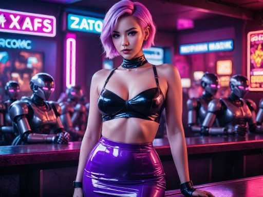 A woman with pink hair is standing in front of a bar counter and leaning on it while wearing a black skirt and top. Behind her, there are several robots in metallic silver colors, including one that appears to be a robot arm. The background features neon signs for "XAFS" and "ZATO".