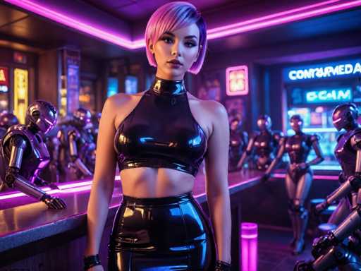 The image depicts a woman standing confidently on a bar counter surrounded by several robots of various sizes and colors. The woman is wearing a black outfit that includes a high-collared top and a skirt made from shiny material. The background features neon lights and a sign for "CONTRIBUTED MEDIA".