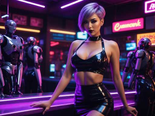 A woman with short blonde hair and a black halter top is posing on a bar counter surrounded by three robots of varying sizes - one large robot on the left side, another smaller robot in the center, and a third larger robot on the right side. The scene takes place in what appears to be a futuristic bar or nightclub setting, with neon lights illuminating the area.